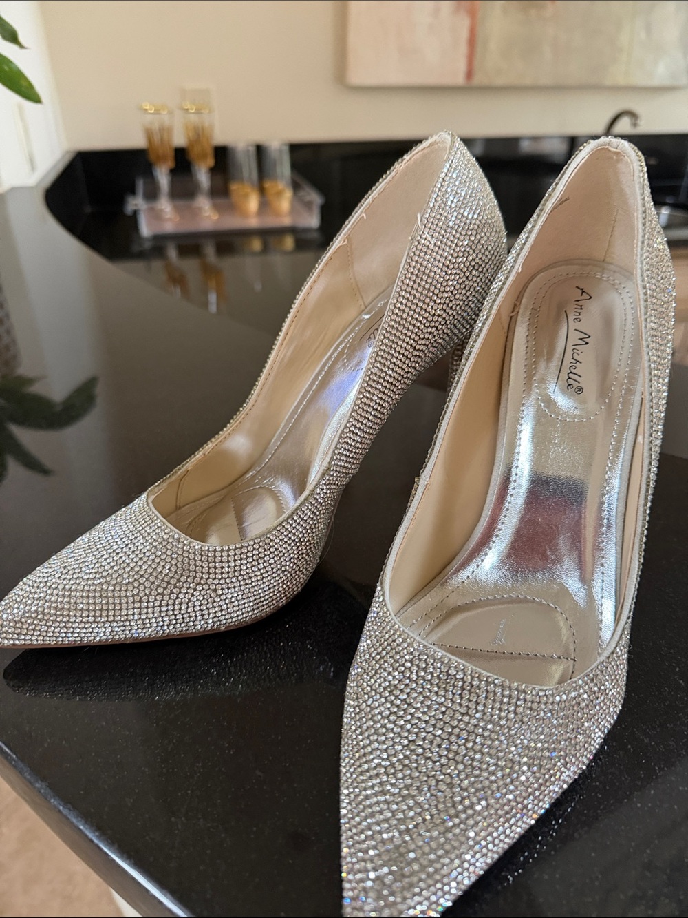 Anne Michelle Crystal-Embellished Silver Pointed Toe Pumps